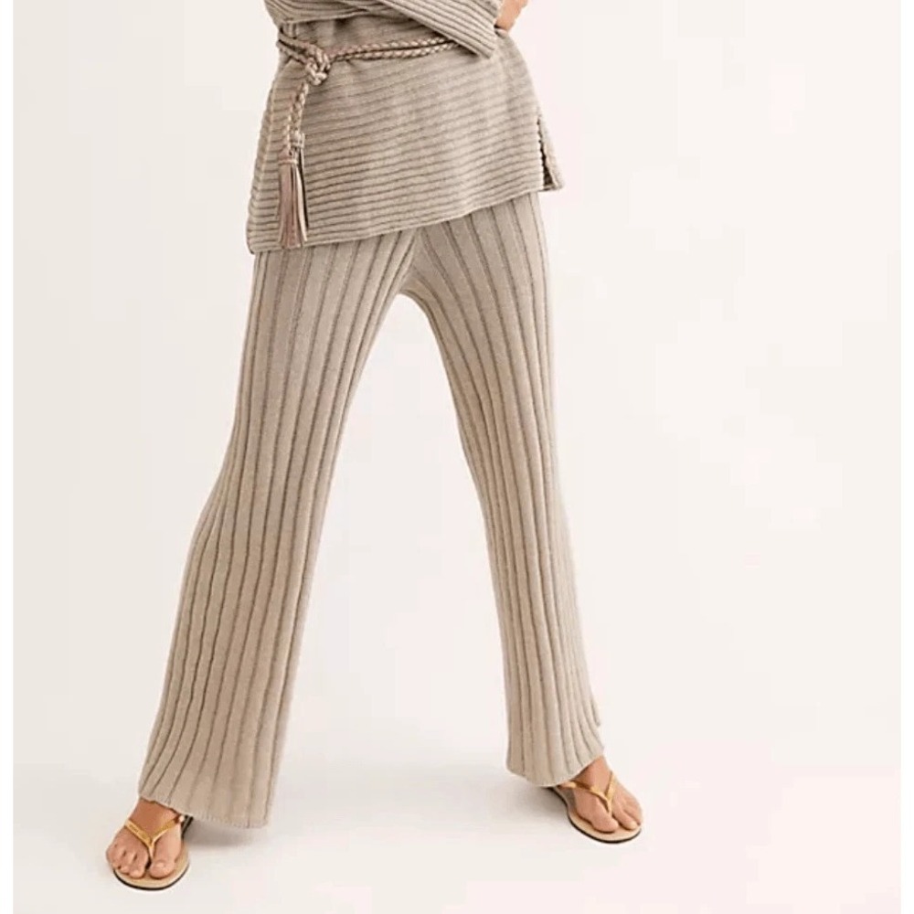 Free People Beach Imogene Pants Beige Sweater Knit Ribbed -Size Small
